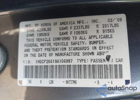 2009 Honda Accord 2.4 Lx-P из США, поврежденный, VIN 1HGCP26419A104987